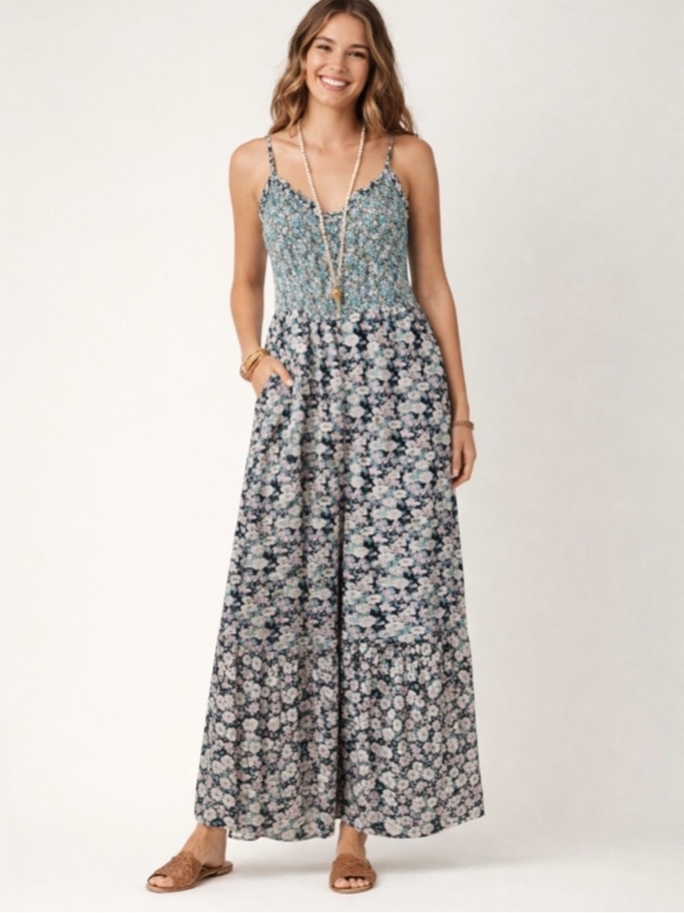 Natural Life Floral Wide Leg Jumpsuit Medium Boho Maxi Romper Ruffle